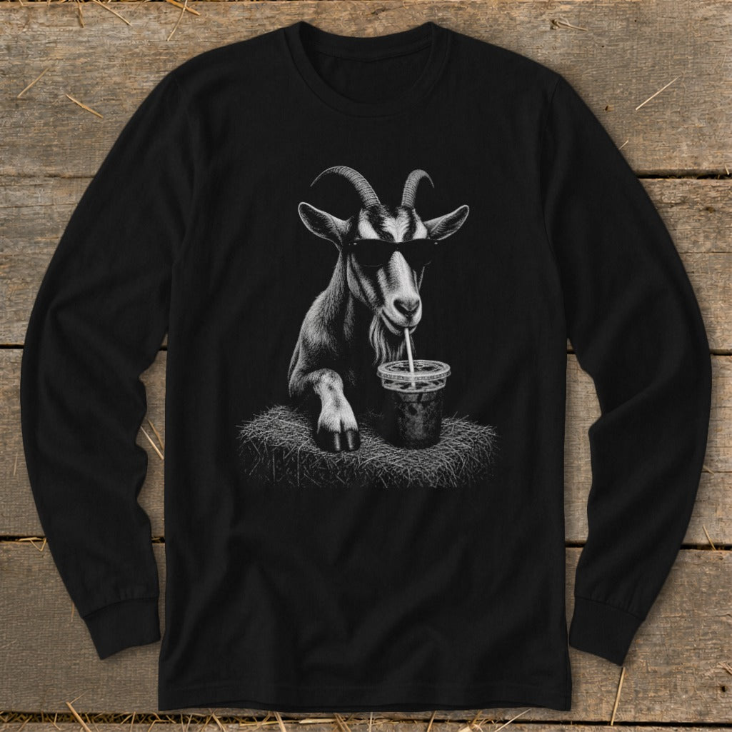 Black long-sleeve shirt with a graphic of a goat wearing sunglasses and drinking from a cup.