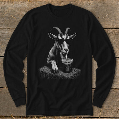 Black long-sleeve shirt with a graphic of a goat wearing sunglasses and drinking from a cup.