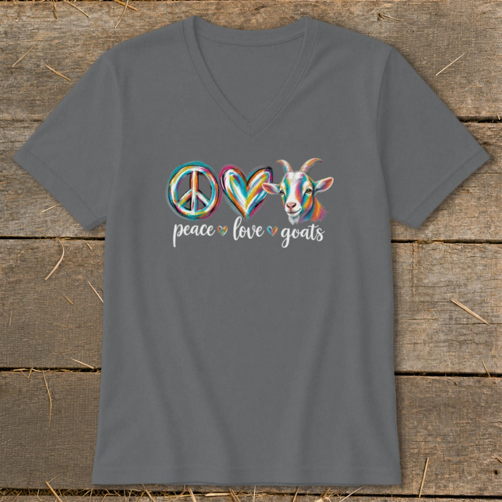 Gray t-shirt with "peace love goats" graphic and colorful goat head.