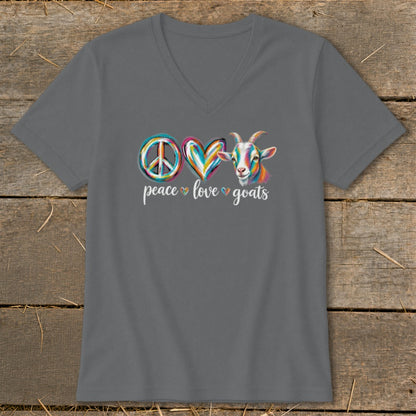 Gray t-shirt with "peace love goats" graphic and colorful goat head.