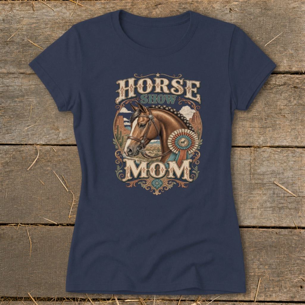 Horse Show Mom graphic with horse head and award ribbon.