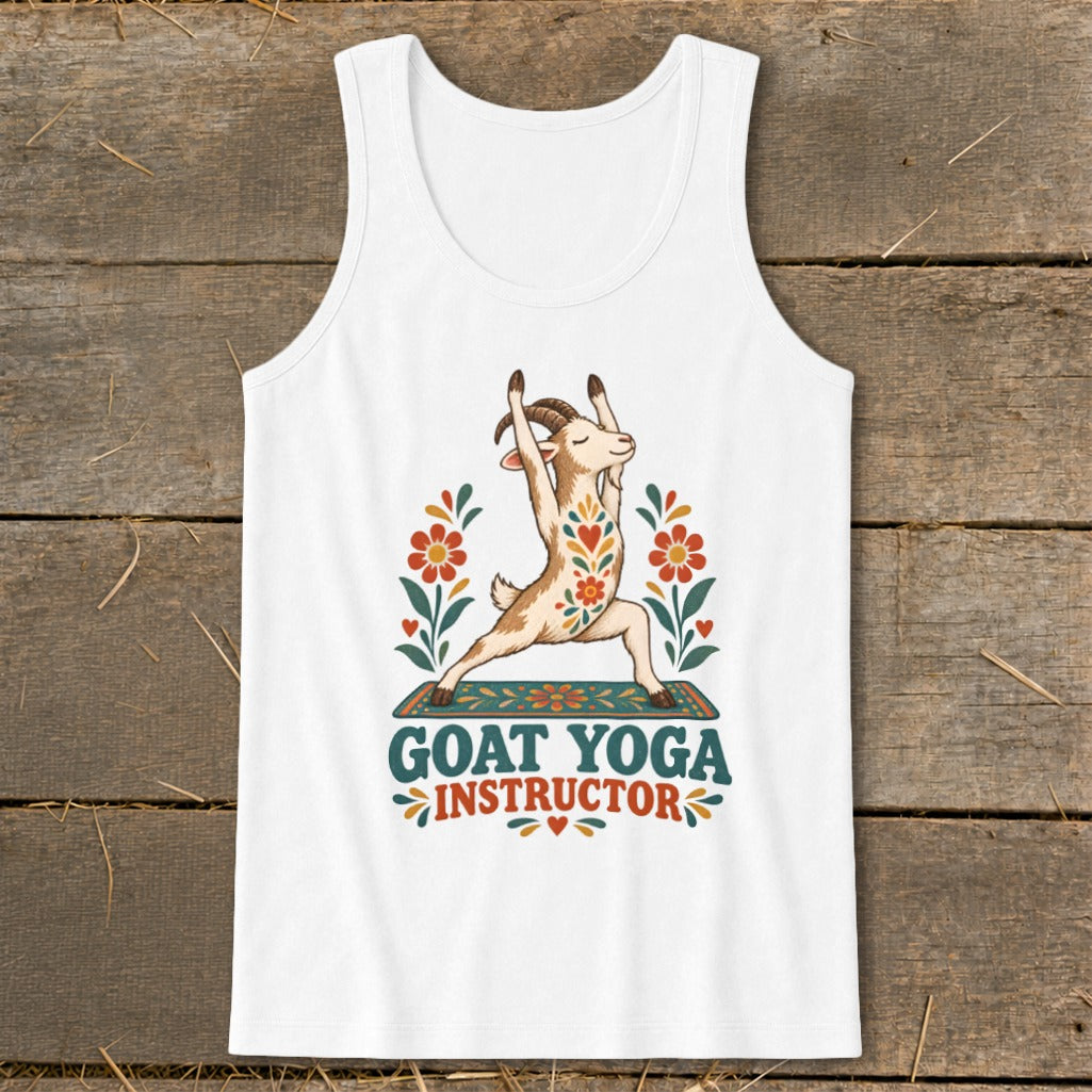 White tank top with a goat doing yoga and the text "Goat Yoga Instructor".