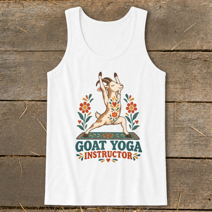 White tank top with a goat doing yoga and the text "Goat Yoga Instructor".