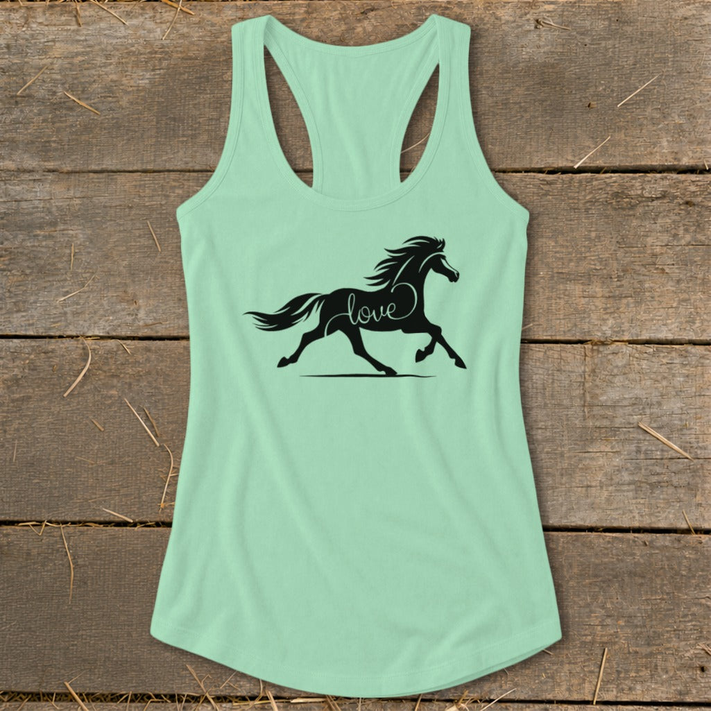 Mint green racerback tank top with black horse silhouette and "love" text.