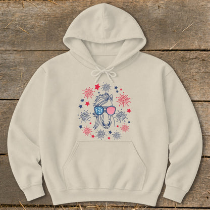 Cream hoodie with a horse wearing American flag sunglasses surrounded by fireworks.