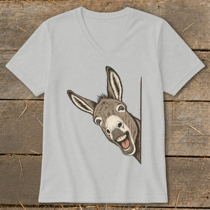 Grey v-neck t-shirt with a smiling donkey peeking from the side.