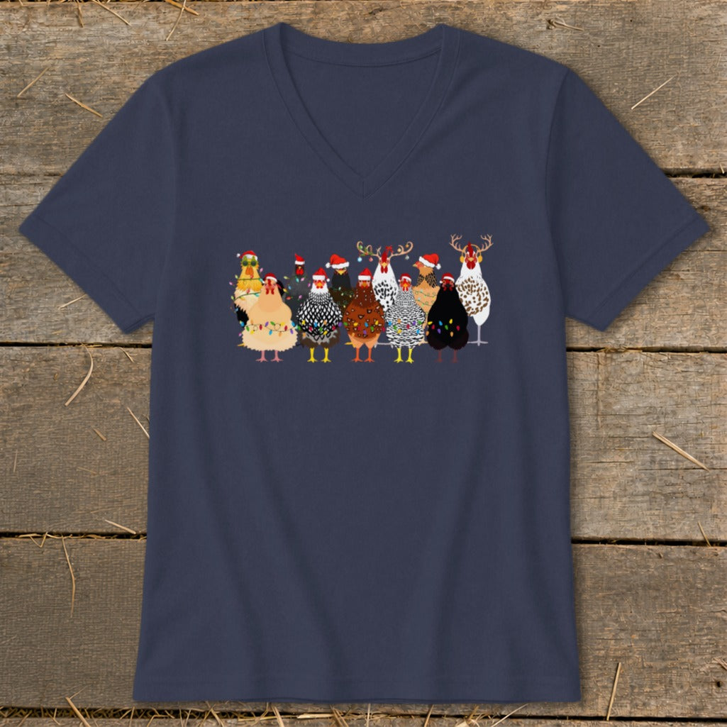 Navy v-neck t-shirt featuring a line of festive chickens with Santa hats and Christmas lights.