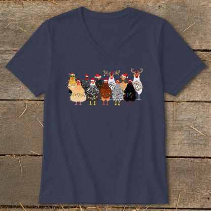 Navy v-neck t-shirt featuring a line of festive chickens with Santa hats and Christmas lights.