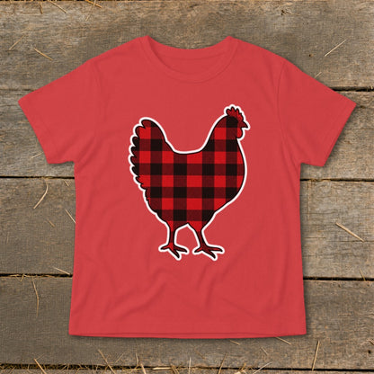 Red t-shirt with black and red buffalo plaid chicken graphic.