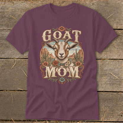Goat Mom graphic with goat portrait, desert landscape, and decorative floral accents.