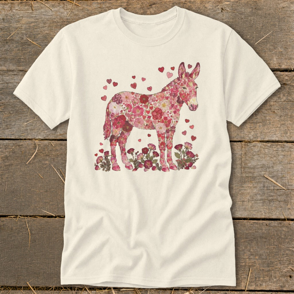 Cream t-shirt with a donkey made of pink flowers and hearts.