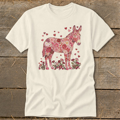 Cream t-shirt with a donkey made of pink flowers and hearts.