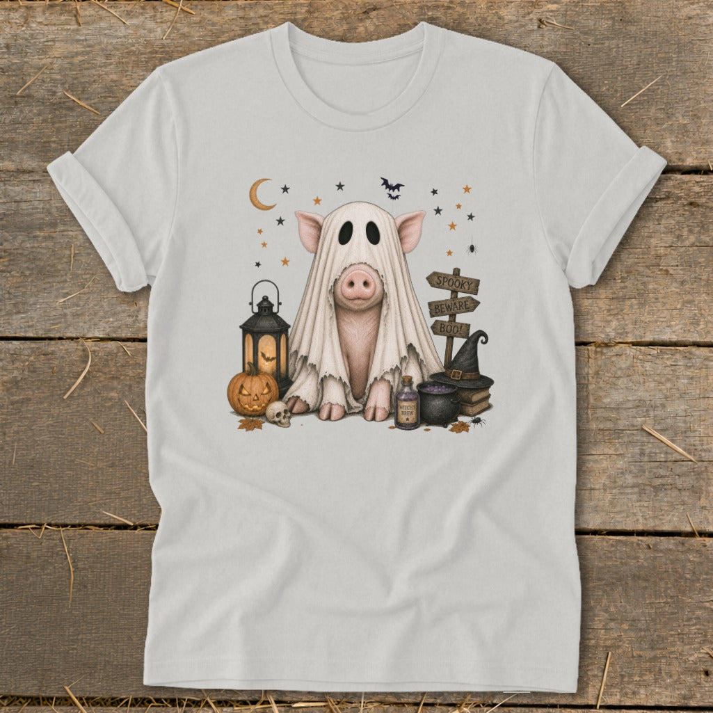Pig in ghost costume with Halloween decorations, sign says "Spooky Beware Boo!"