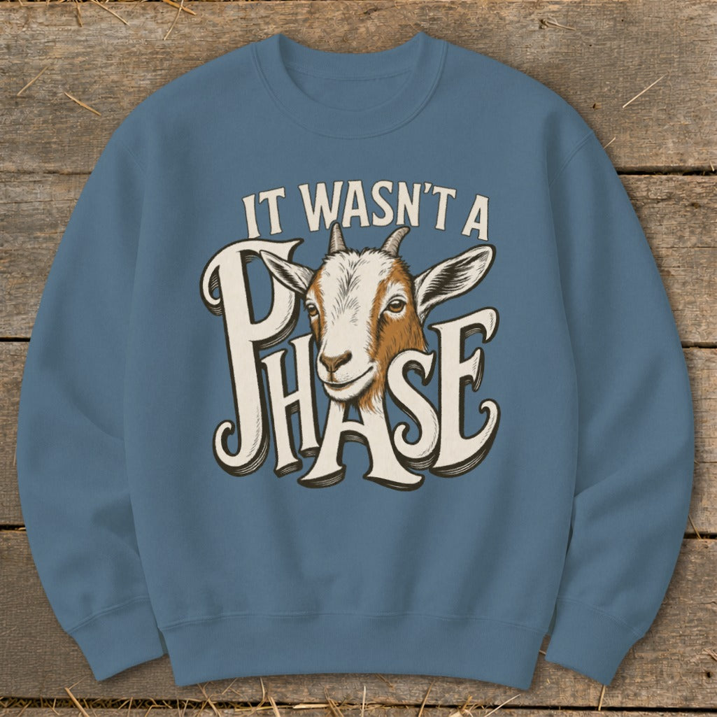 Blue sweatshirt with goat graphic and text "IT WASN'T A PHASE".