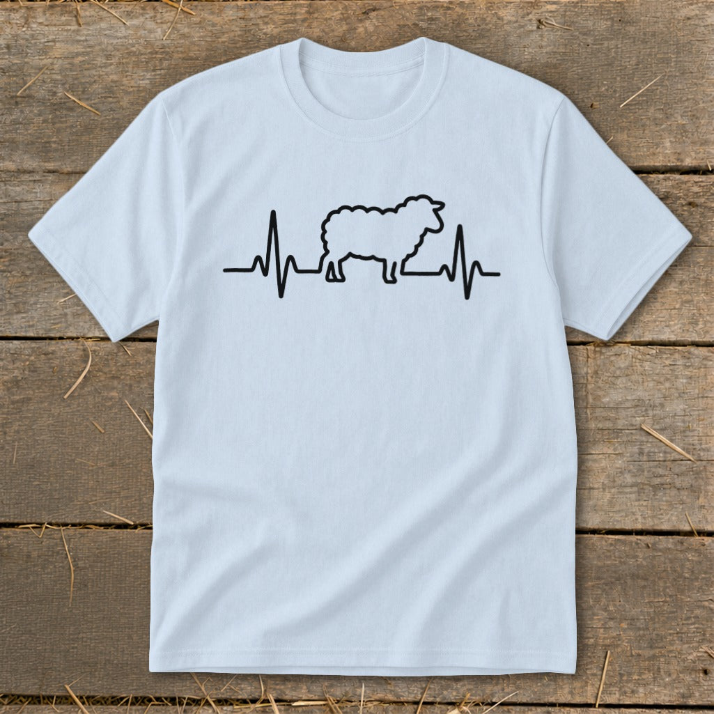 Light blue t-shirt featuring a black graphic of a sheep integrated into a heartbeat line.