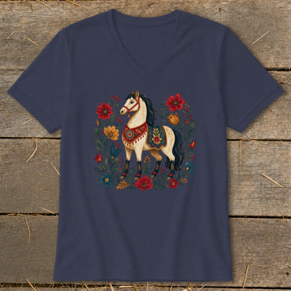 Navy v-neck t-shirt with a cream-colored horse and floral folk art design.