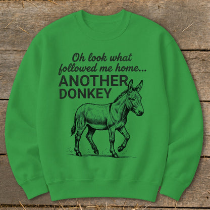 Green sweatshirt with black text reading "Oh look what followed me home... ANOTHER DONKEY" and a donkey illustration.