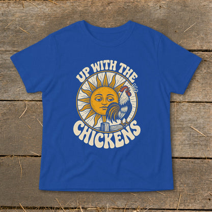 Royal blue short-sleeved t-shirt featuring a retro graphic of a sun, rooster, and the text Up With The Chickens.