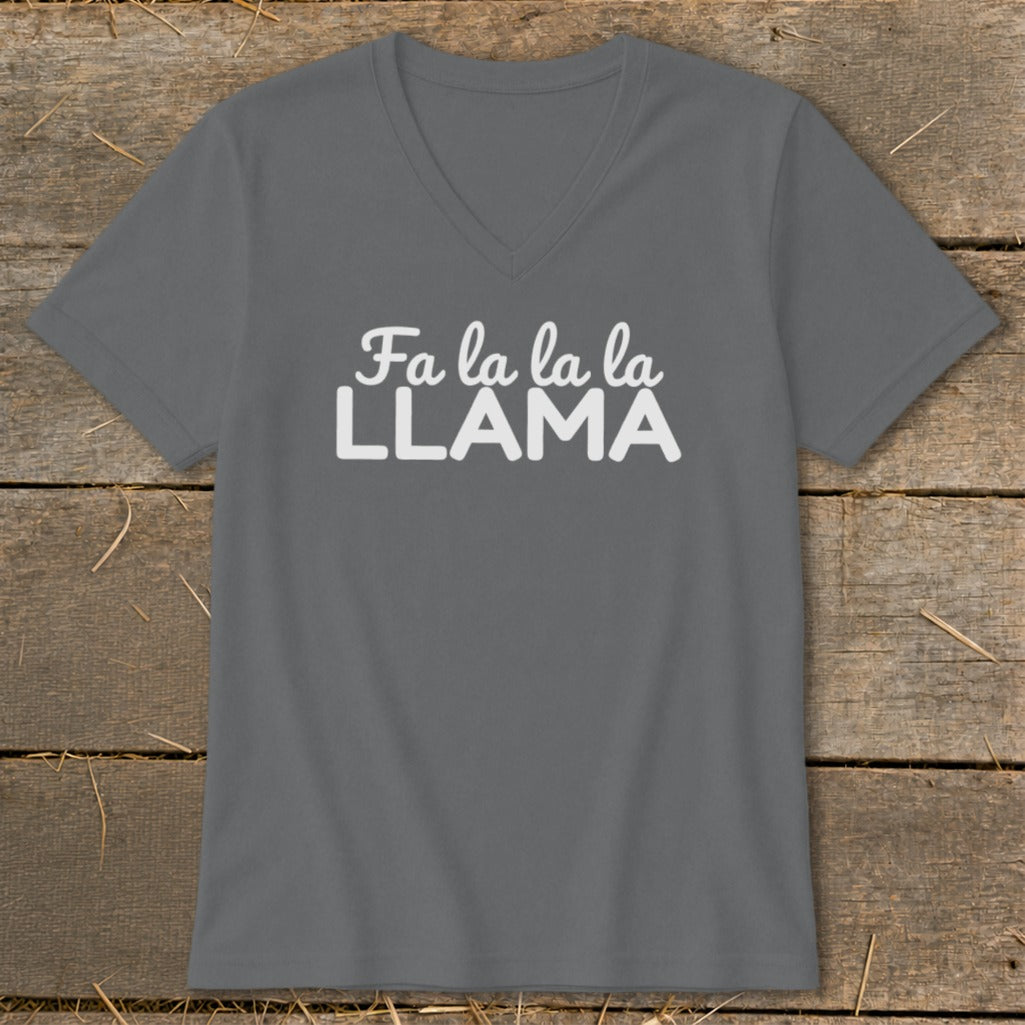 Grey v-neck t-shirt with white text reading "Fa la la la LLAMA".