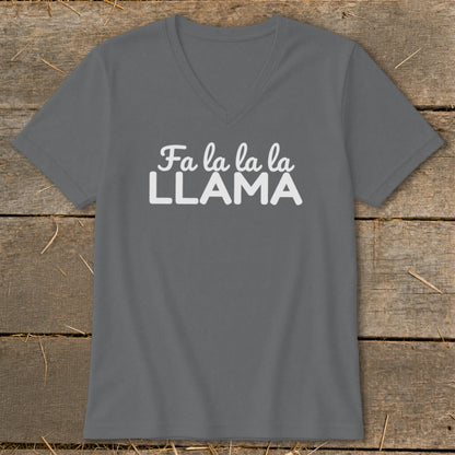 Grey v-neck t-shirt with white text reading "Fa la la la LLAMA".