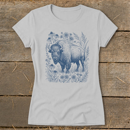Light grey t-shirt with blue line art of a bison surrounded by wildflowers.