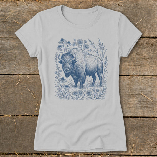 Light grey t-shirt with blue line art of a bison surrounded by wildflowers.