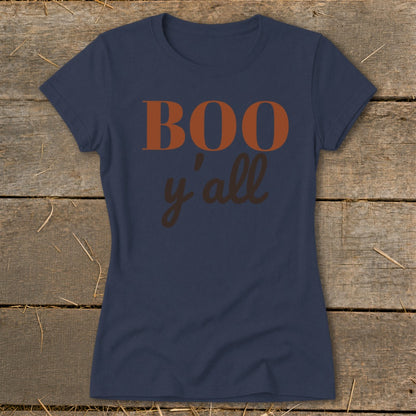 Navy t-shirt with "BOO y'all" text in brown and orange.