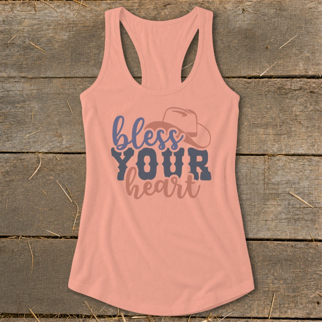 Peach tank top with "bless YOUR heart" text and cowboy hat graphic.
