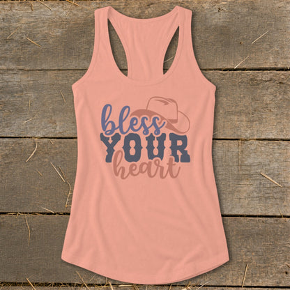 Peach tank top with "bless YOUR heart" text and cowboy hat graphic.