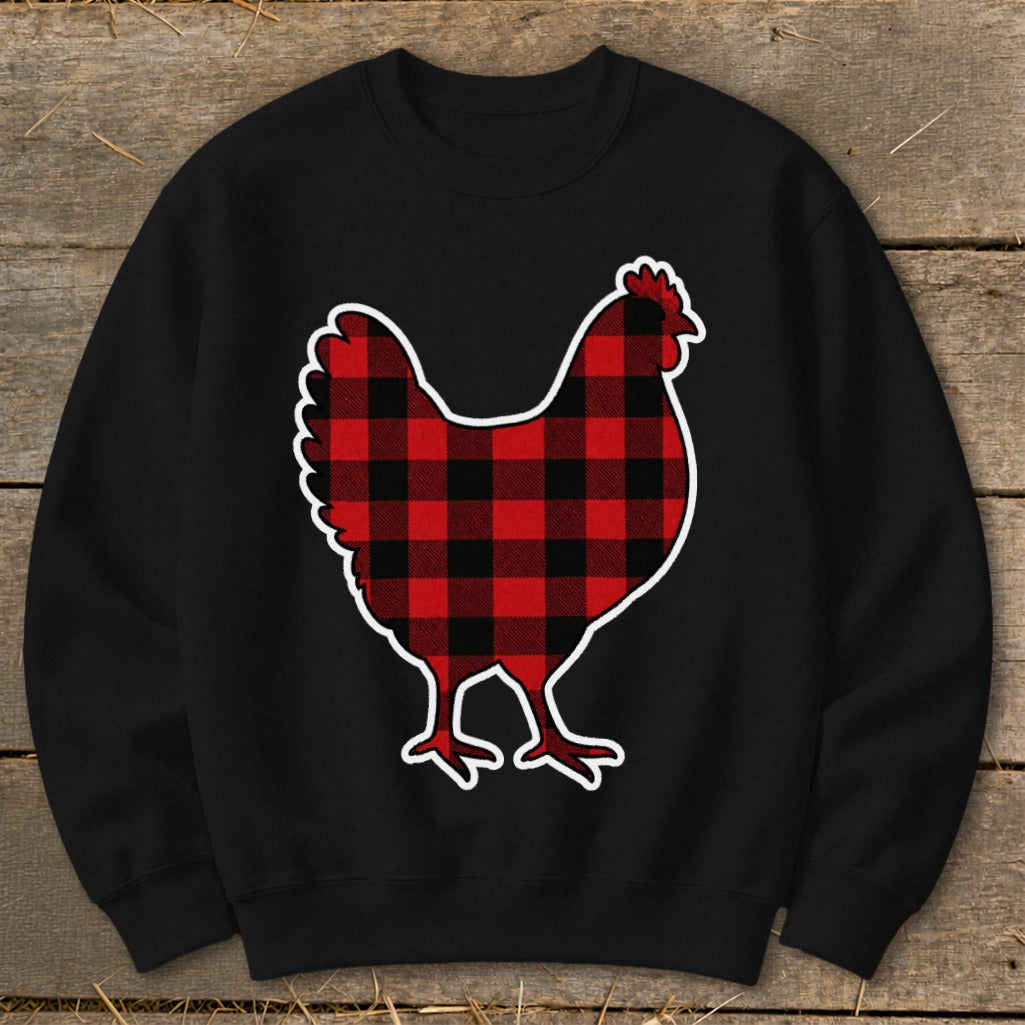 Black sweatshirt with a red and black buffalo plaid chicken graphic.