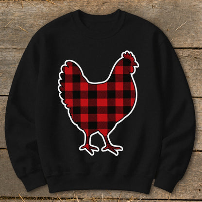 Black sweatshirt with a red and black buffalo plaid chicken graphic.