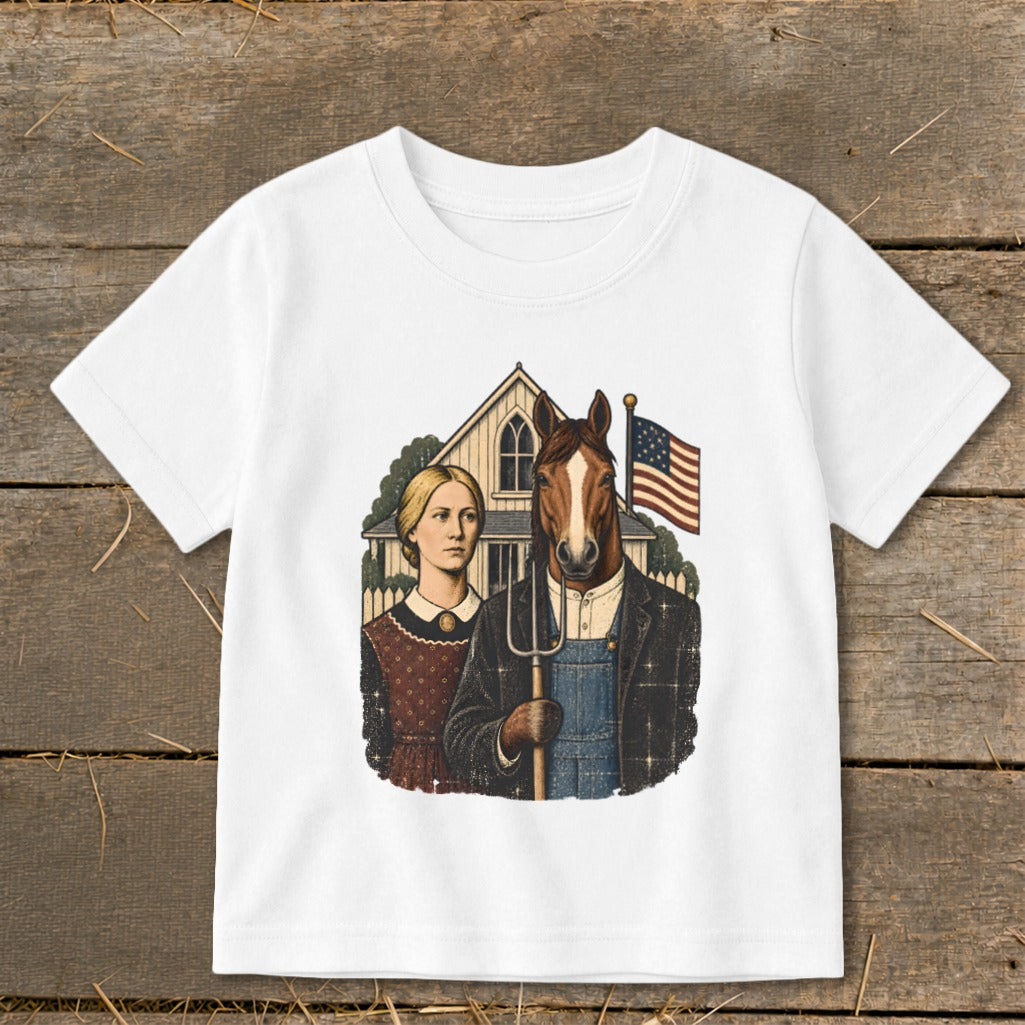 A white t-shirt featuring a parody illustration inspired by American Gothic with a horse holding a pitchfork.