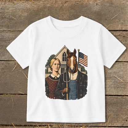 A white t-shirt featuring a parody illustration inspired by American Gothic with a horse holding a pitchfork.