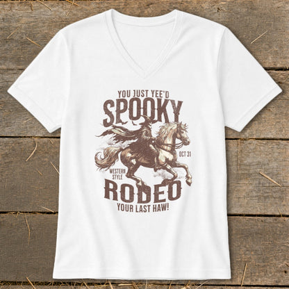 White t-shirt with spooky cowboy on horse graphic and text: "You Just Yee'd Spooky Rodeo Your Last Haw!"