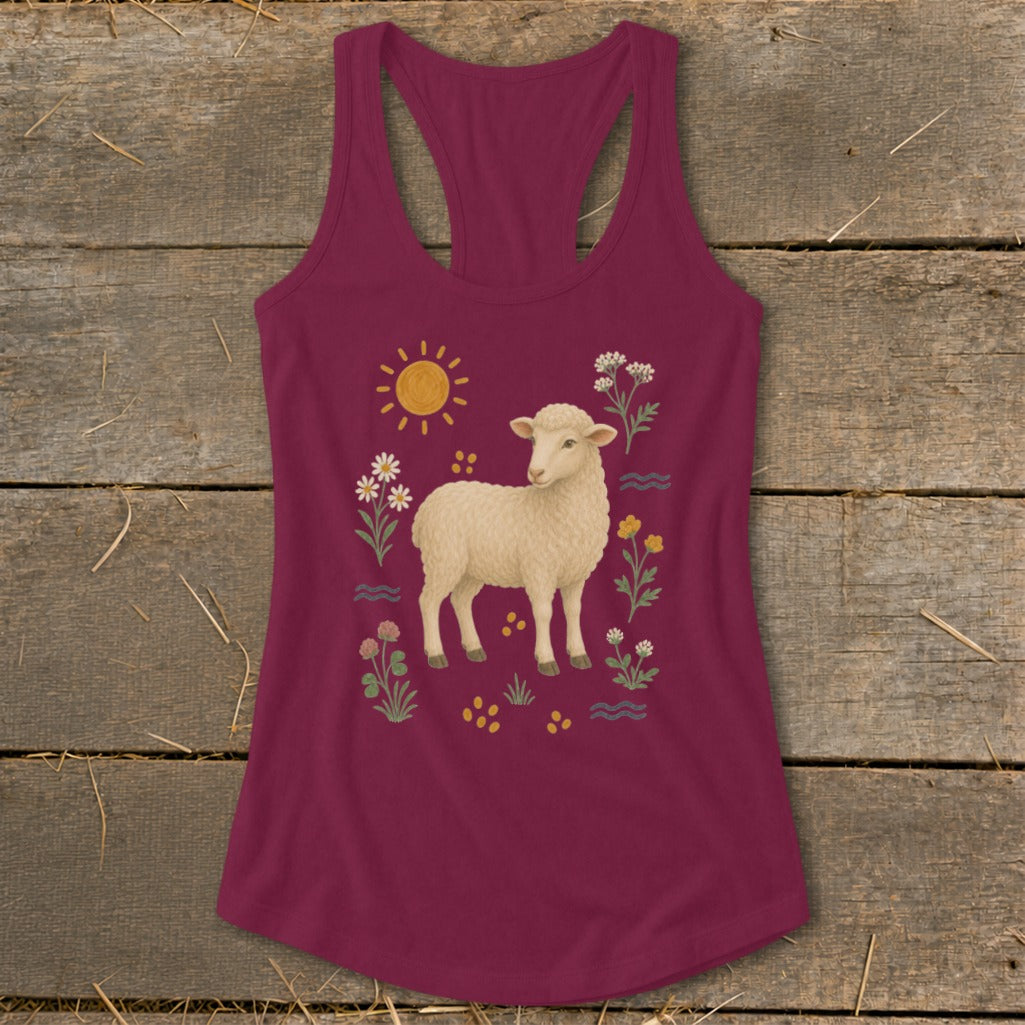 Maroon tank top with a white sheep, sun, and flowers design.