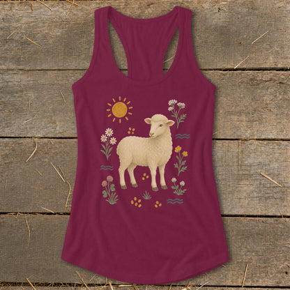 Maroon tank top with a white sheep, sun, and flowers design.