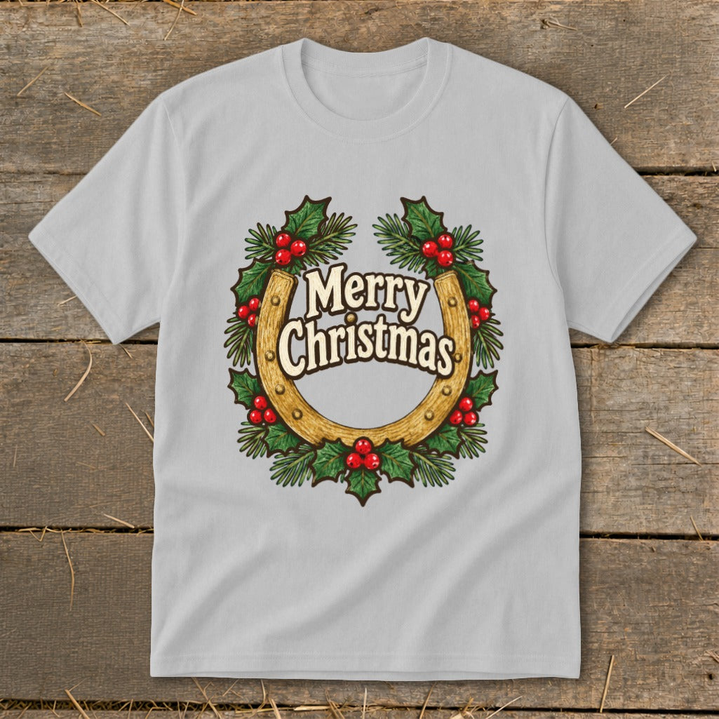 Light gray t-shirt with a horseshoe adorned with holly and "Merry Christmas" text.