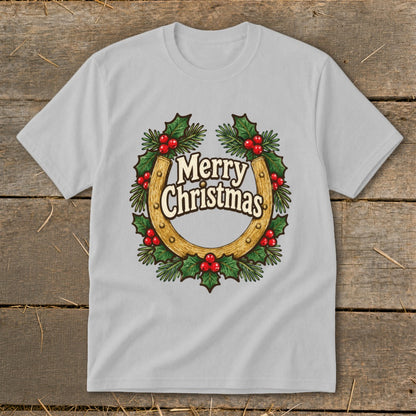 Light gray t-shirt with a horseshoe adorned with holly and "Merry Christmas" text.