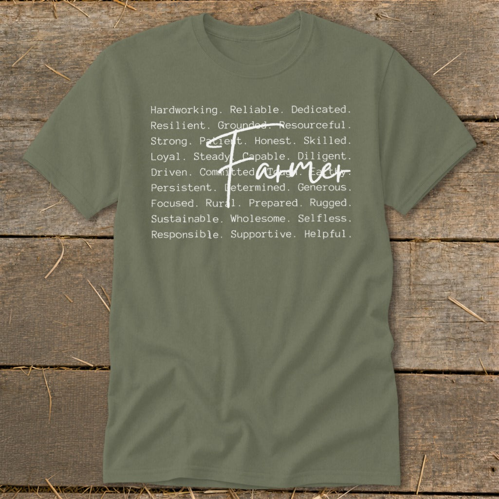 Green t-shirt with "Farmer" in script over a list of positive attributes.