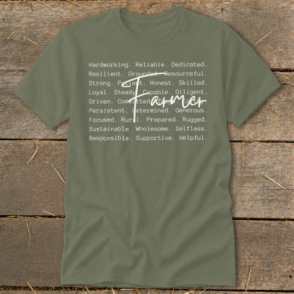 Green t-shirt with "Farmer" in script over a list of positive attributes.