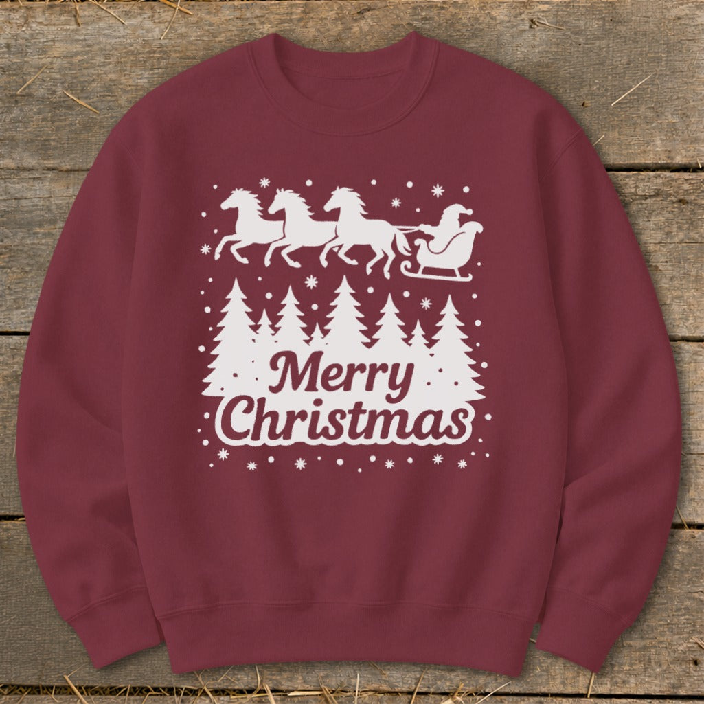 Maroon crewneck sweatshirt with white horse-drawn sleigh, trees, and "Merry Christmas" text.