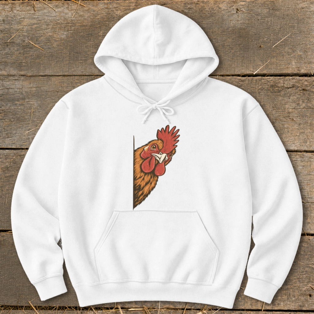 White hoodie with a cartoon rooster peeking from the side.