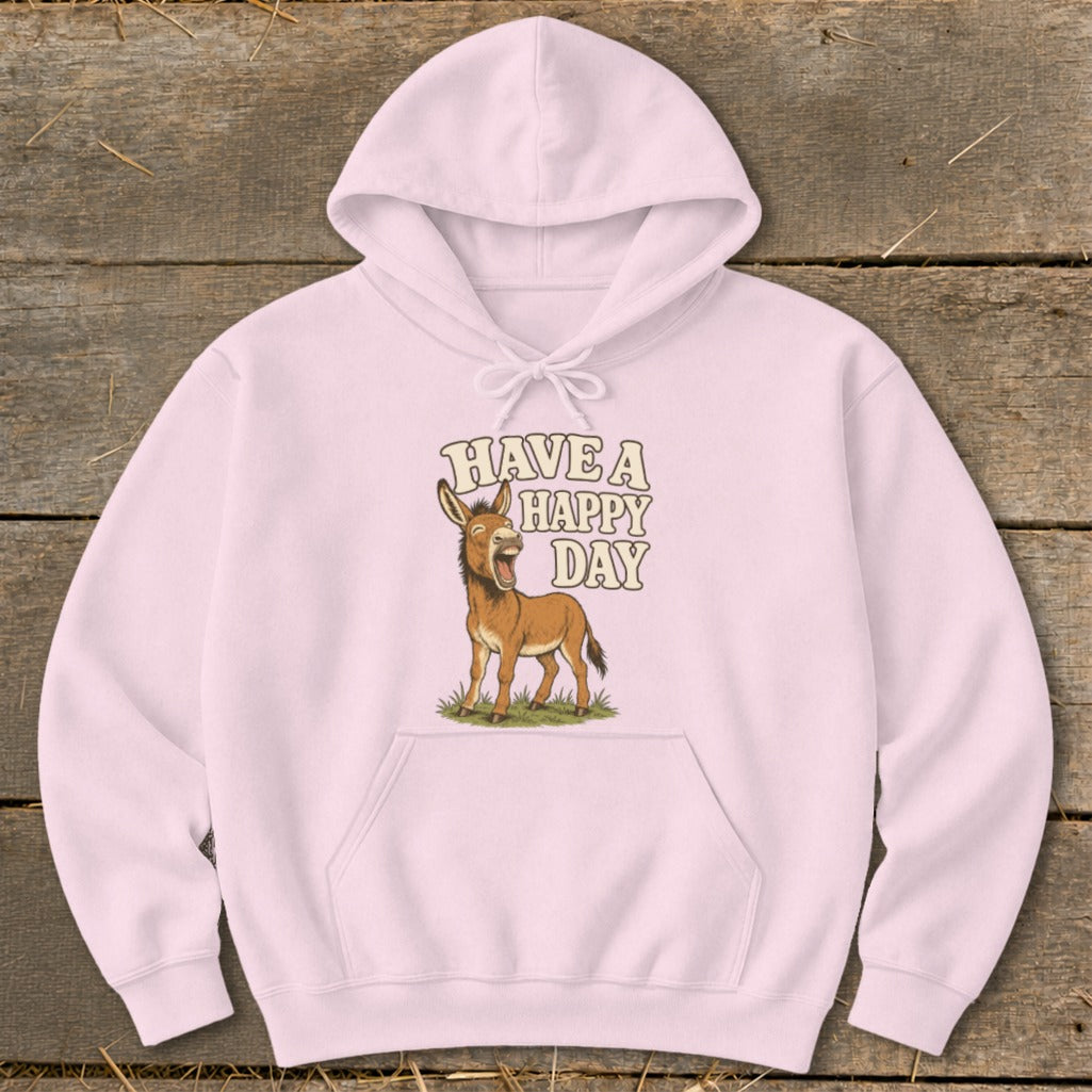 Pink hoodie with cartoon donkey and text "HAVE A HAPPY DAY."