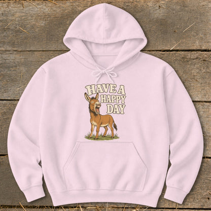 Pink hoodie with cartoon donkey and text "HAVE A HAPPY DAY."