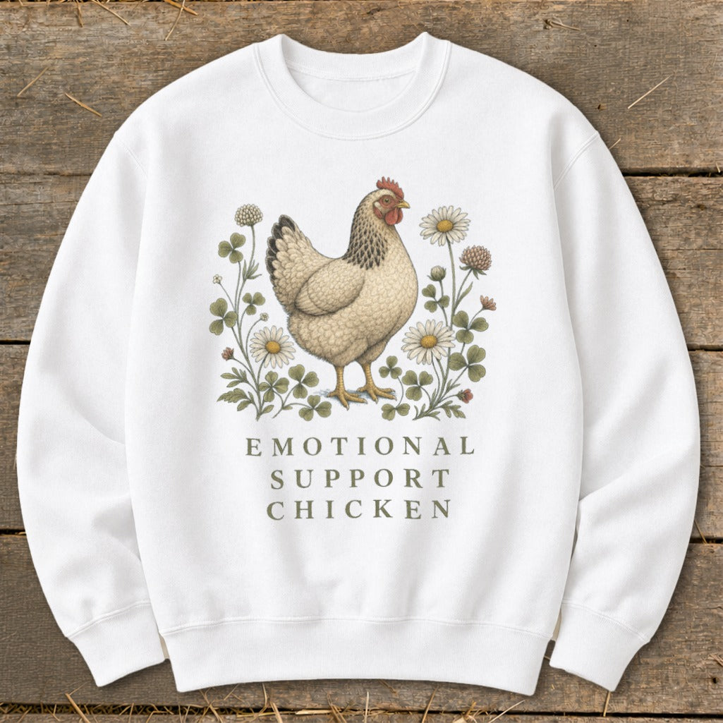 White sweatshirt with a chicken illustration surrounded by flowers and text "EMOTIONAL SUPPORT CHICKEN".