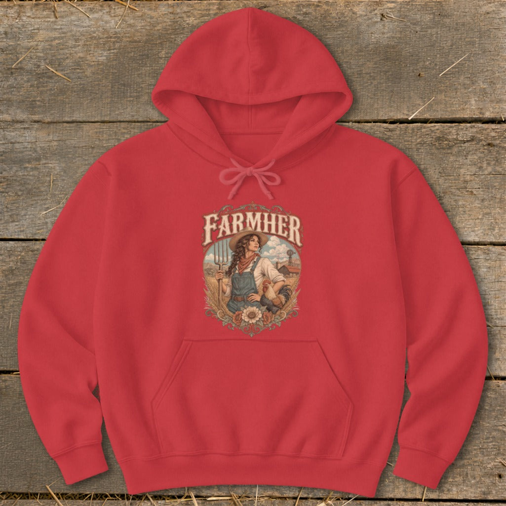 Red hoodie with "FARMHER" graphic featuring a woman, rooster, and farm scene.