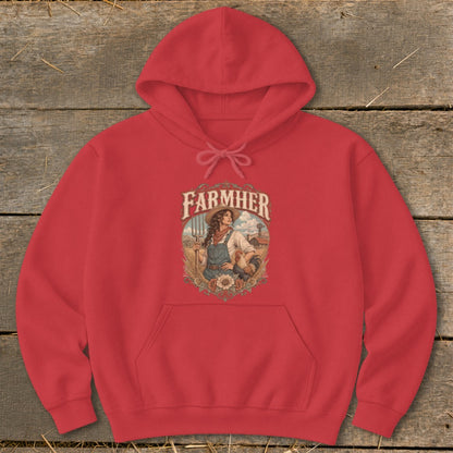 Red hoodie with "FARMHER" graphic featuring a woman, rooster, and farm scene.