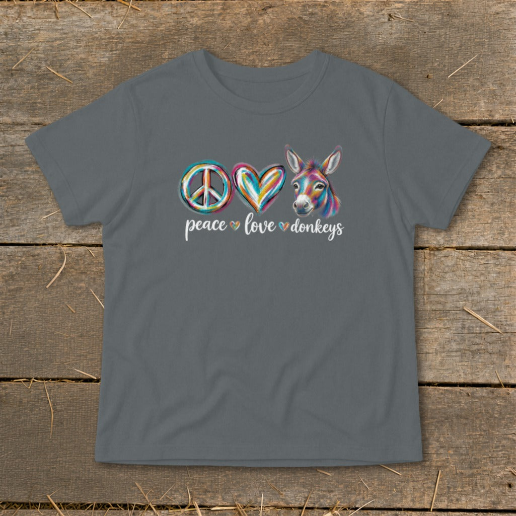 Grey t-shirt with "peace love donkeys" text and colorful symbols.