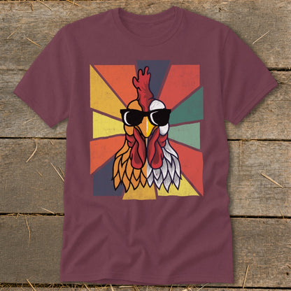 Rooster wearing sunglasses with a retro, colorful sunburst design.