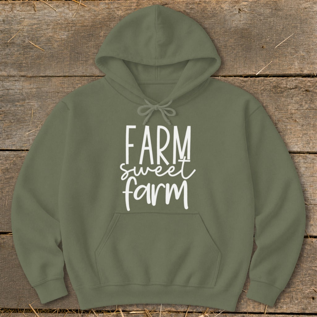 Olive green hooded sweatshirt with "Farm sweet farm" graphic in white text.